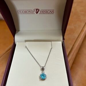 14k White Gold Blue Topaz Pave Pendant 585/14k White Gold Necklace Chain